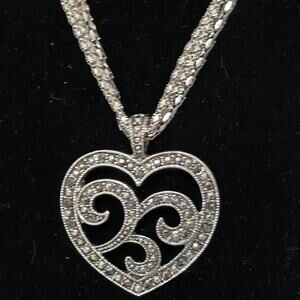 Silver Tone Heart Pendant Necklace Marcasite Style Chain Adjustable